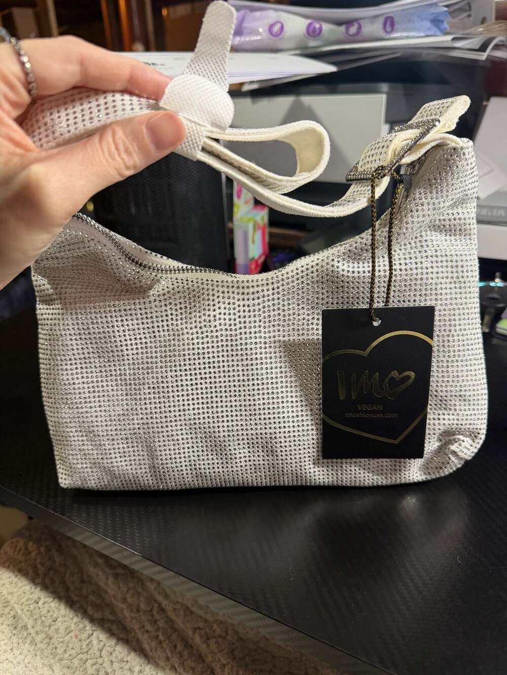Imoshion Vegan Rhinestone Shoulder Bag Style 30-03228 White/Silver